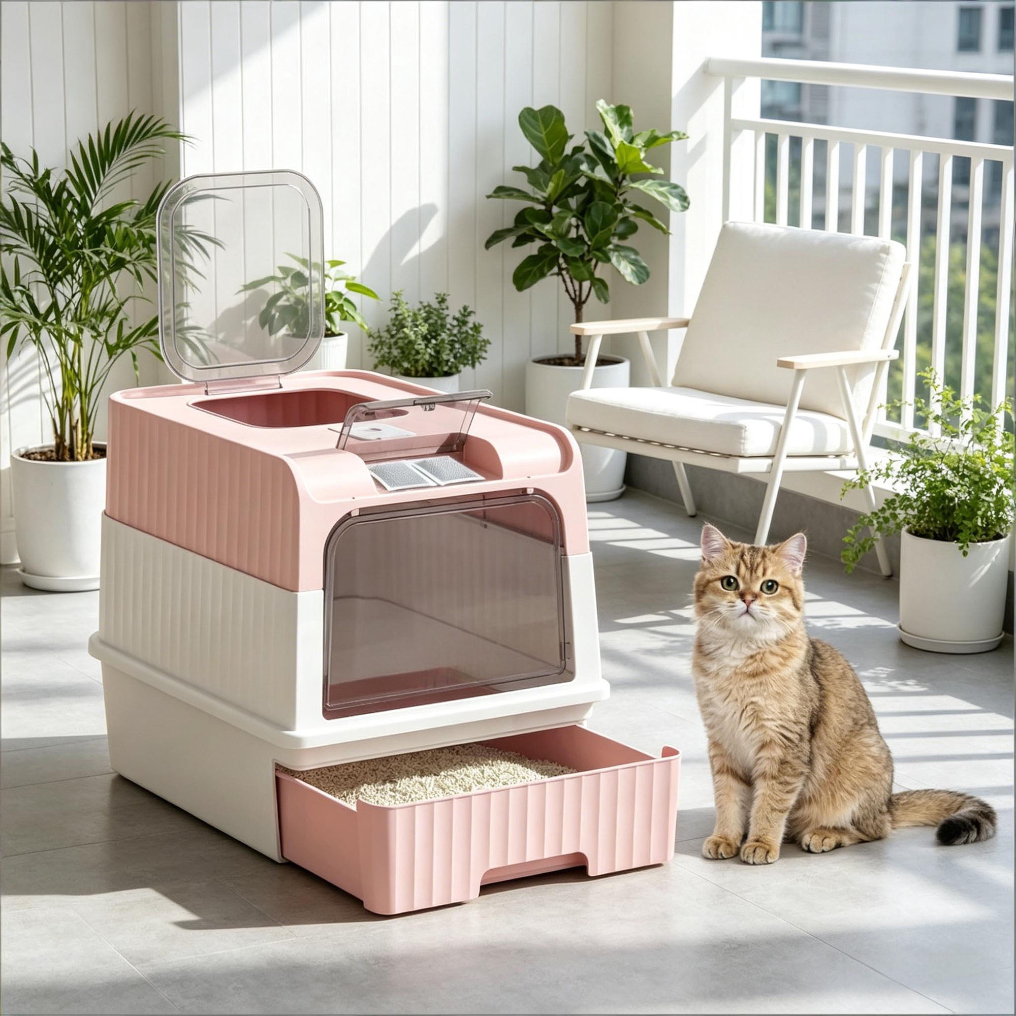 CQSXDA Fully Enclosed Compact Cat Litter Box for Effortless Clean Up - Ideal Pet Litter Solution for Small Spaces