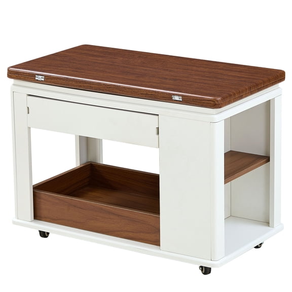 CQSXDA Functional 27.6 Inch Side Table with Casters and Foldable Top for Versatile Use in Home Decor and Storage, Walnut,White