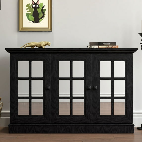 CQSXDA Functional 45" Wide Storage Cabinet With 3 Mirrored Acrylic Doors Adjustable Shelves For Living Room Dining Room Kitchen, Black