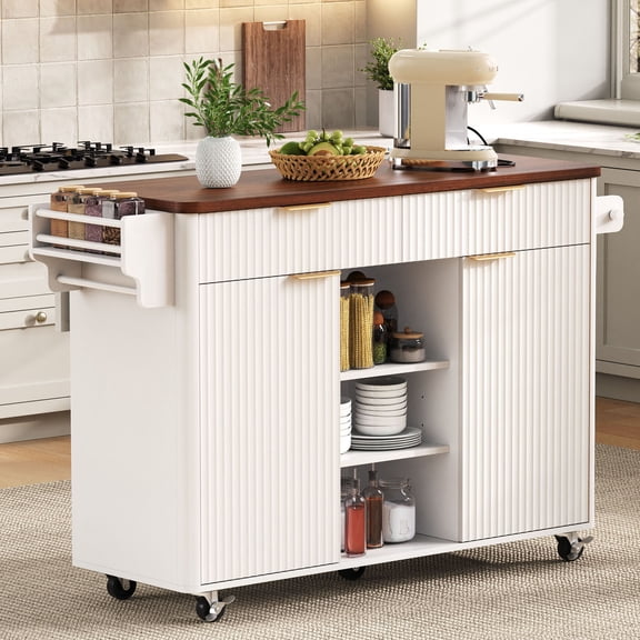 CQSXDA Functional 52 Inch Fluted Kitchen Island Cart, with Drop Leaf, Storage Solutions, Power Outlet and Adjustable Shelves, White