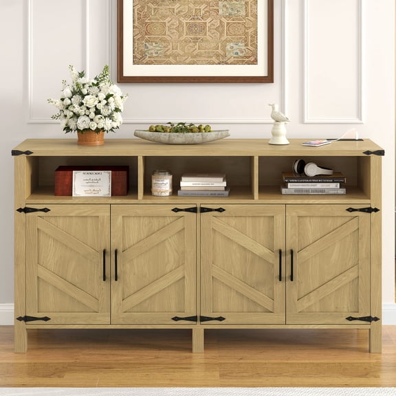 CQSXDA Functional 59 Inch Modern 4-Door Sideboard Buffet with Half-Open Storage, Metal Accents & USB Ports for Contemporary Spaces, Natural Wood