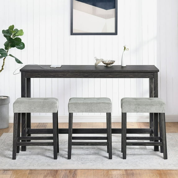 CQSXDA Functional Bar Table Set with Power Outlet, 4 Piece Industrial Dining Set for Living Room, Dining Room, and More