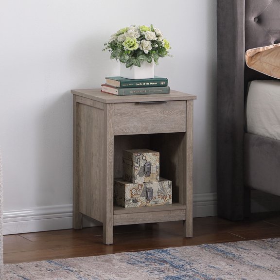 CQSXDA Functional Nightstand with Drawer 3-Tier Storage Gray