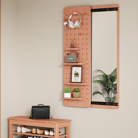 CQSXDA Functional Wall Mounted Full Length Mirror with Shelf and Hook Cherry Color 47.6 by 15.7 Inches for Entrance and Living Spaces