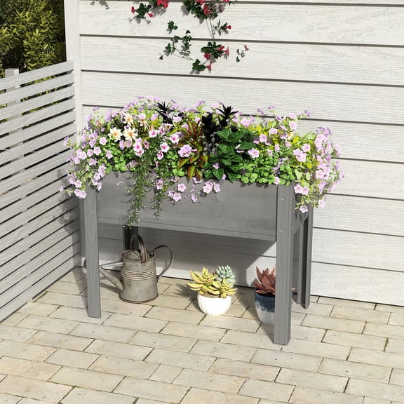 CQSXDA Gray Wood Planter Boxes with Legs, Elevated Raised Bed for Outdoor Herbs Flowers