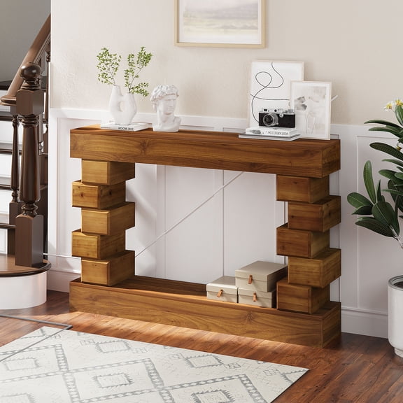 CQSXDA Geometric Block Stacked Wood Console Table in Warm Natural Finish for Living Room, Entryway or Hallway Decor