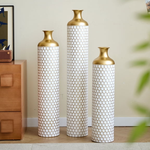 CQSXDA Handcrafted Burned Texture Metal Vases Set Of 3 Rustic Floor Vases For Industrial Home Decor, Gold+White