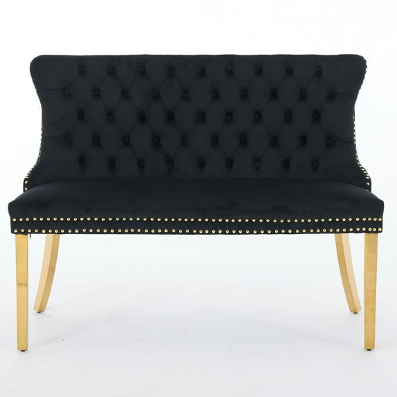 CQSXDA Handmade Tufted Velvet Loveseat Bench, Upholstery, 2-Seat Seating With Wing Back And Gold-Plated Legs, Black