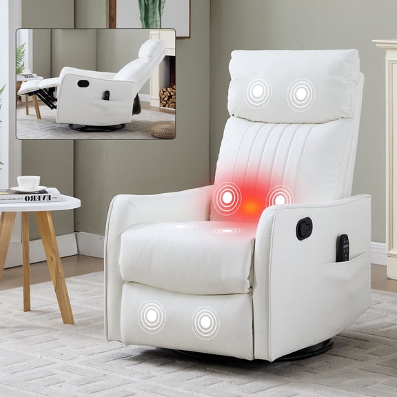 CQSXDA Heat Massage Manual Recliner Chair in Faux Leather with Rocker and Swivel for Living Room Comfort,White