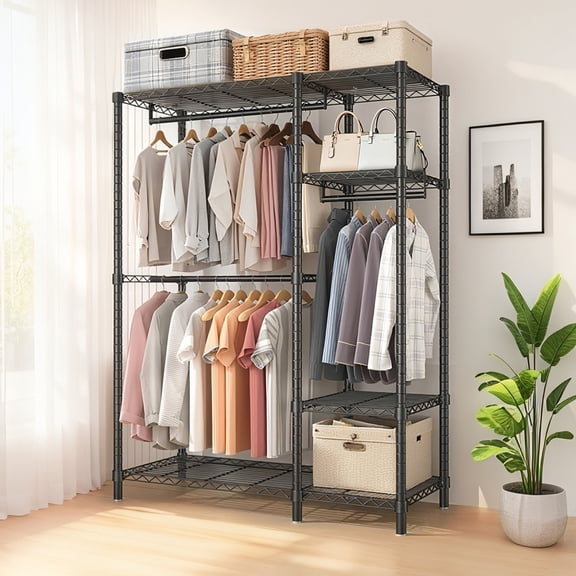 CQSXDA Heavy Duty Freestanding Clothes Rack in Black with 6 Adjustable Wire Shelves and 3 Clothes Rails for Organizing Clothing