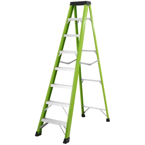 CQSXDA Heavy-Duty Green Fiberglass Ladder With Tool Tray, 7 Steps and 330 Pound Load Capacity for Home and Garage Use