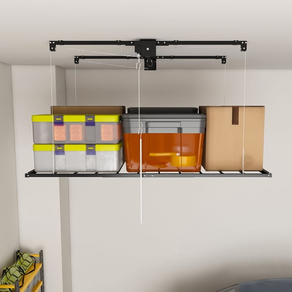 CQSXDA Heavy-Duty Overhead Garage Storage Rack 3x6 FT For High Ceilings 10-12 FT, Lock System, 370LBS Capacity, All-Steel Organizer, Black