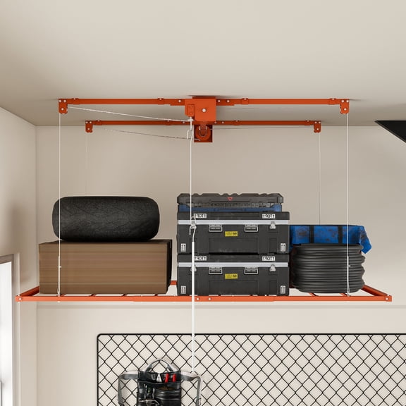 CQSXDA Heavy-Duty Overhead Garage Storage Rack 3x6 FT For High Ceilings 10-12 FT, Lock System, 370LBS Capacity, All-Steel Organizer, Orange