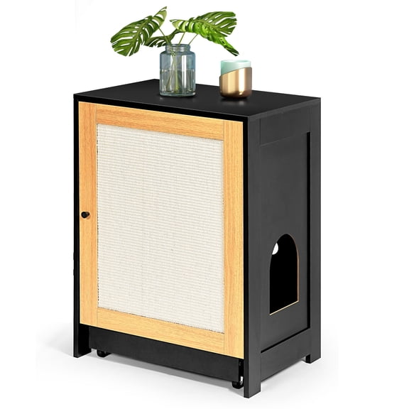 CQSXDA Hidden Cat Washroom And Litter Box Enclosure In Black, Functional Kitty End Table With Sisal Door Design