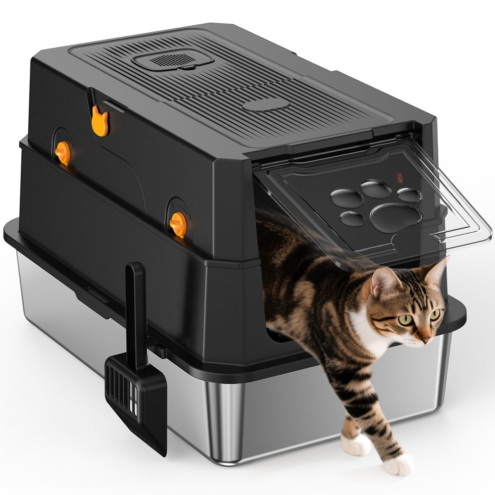 CQSXDA High-Sided Odor-Resistant Cat Litter Box Made of Stainless Steel with Litter Scoop for Tidy Homes
