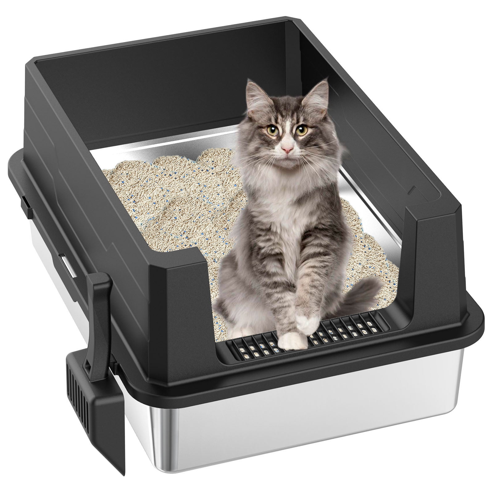 CQSXDA High-Sided Stainless Steel Cat Litter Box Large Size Black and Silver High Capacity Odor Resistant Design with Litter Scoop Storage Solutio