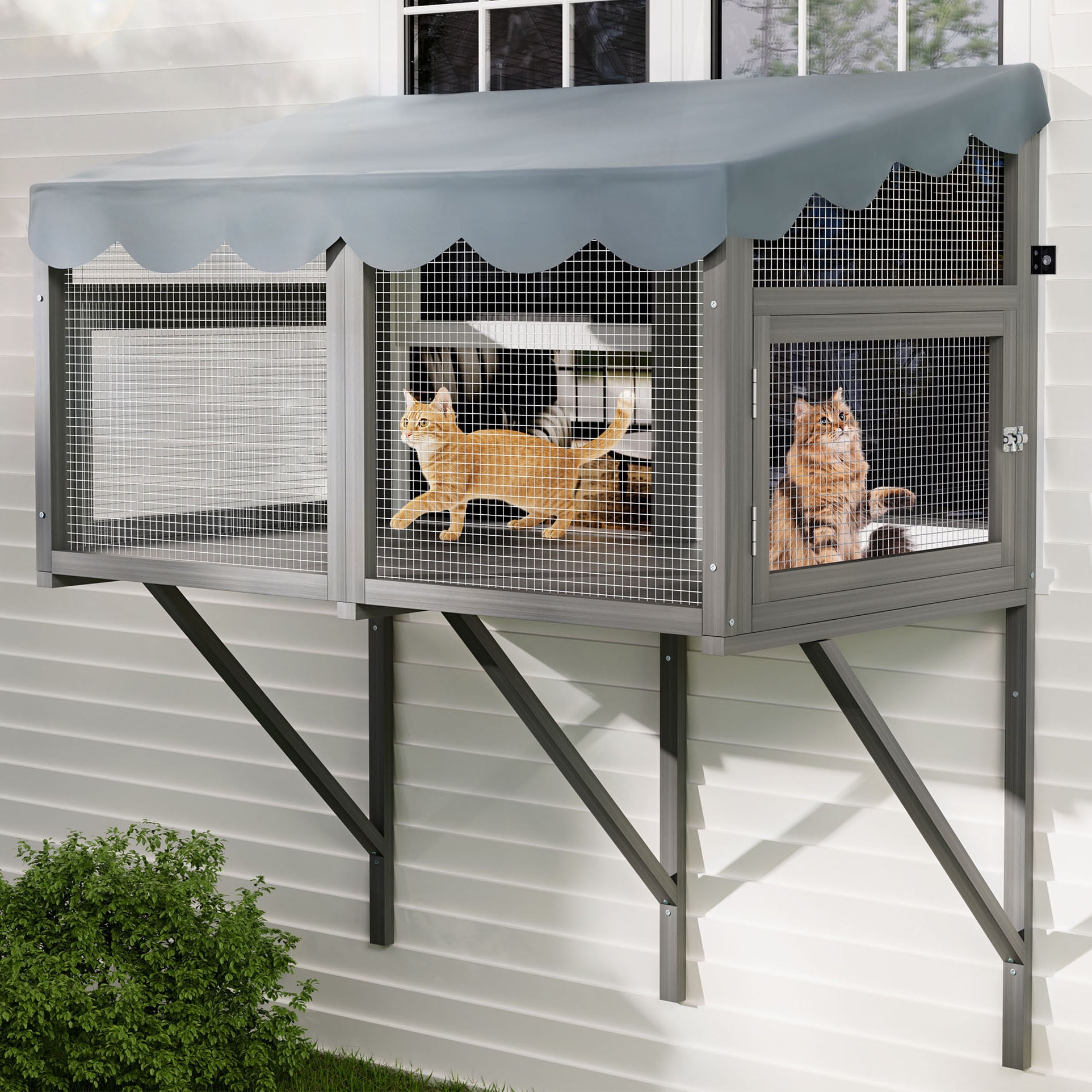 CQSXDA Indoor Cat Catio Window Perch House in Classic Wood Finish Expandable Design Secure Outdoor Space