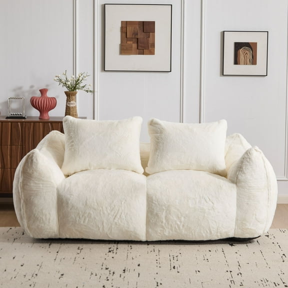 CQSXDA King Size Fluffy Bean Bag Couch for Adults, Loveseat Sofa with Pillows, No Assembly Indoor Lounge Chair, White