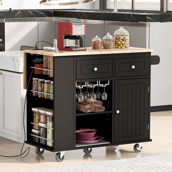 CQSXDA Kitchen Island with Power Outlet and Drop Leaf, Rubber Wood Design, 5 Wheels for Easy Mobility, Black Finish