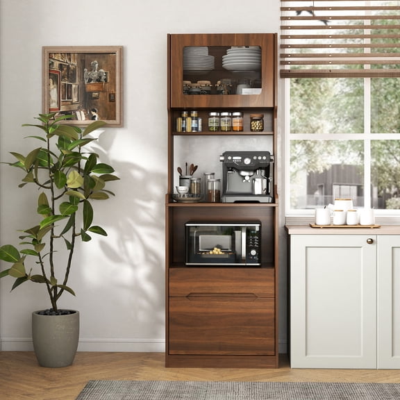 CQSXDA Kitchen Pantry Hutch Storage Cabinet In Rustic Wood Finish With Microwave Stand For Farmhouse Kitchens