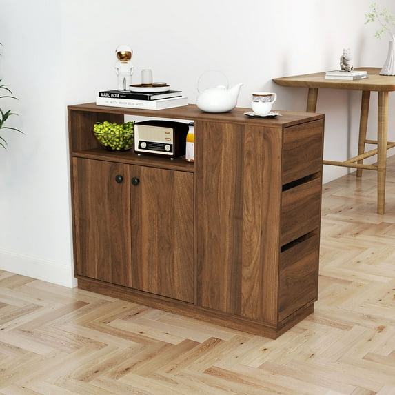Modern Walnut Kitchen Sideboard with Glass Sliding Doors, 3 Drawers and Display Shelf, Stylish Storage Cabinet for Any Space