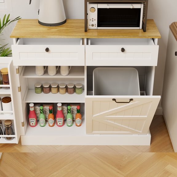 CQSXDA Kitchen Trash Can Storage Cabinet with 2 Drawers and 1 Tilt Out Bin for Home Organization - White