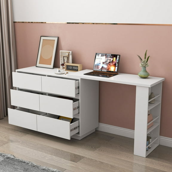 CQSXDA L Shaped Computer Desk With Drawers, Stylish White Corner Desk, Spacious Study Workstation For Home And Office Use