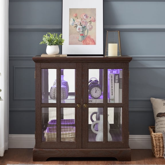 CQSXDA LED light Retro Style Display Cabinet with Lattice Doors, Antique Design, Adjustable Shelves for Storage Needs, Cherry
