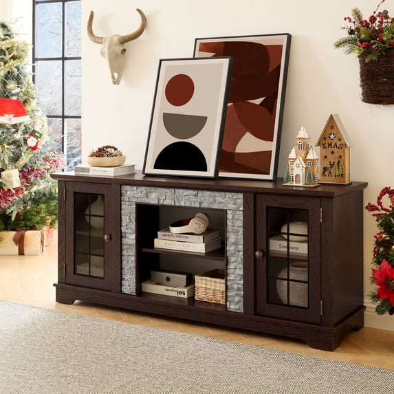 CQSXDA Large 58 Inch TV Stand with 2-Door Storage, Sleek Faux Stone Entertainment Center in Grey for Modern Living Rooms,Cherry