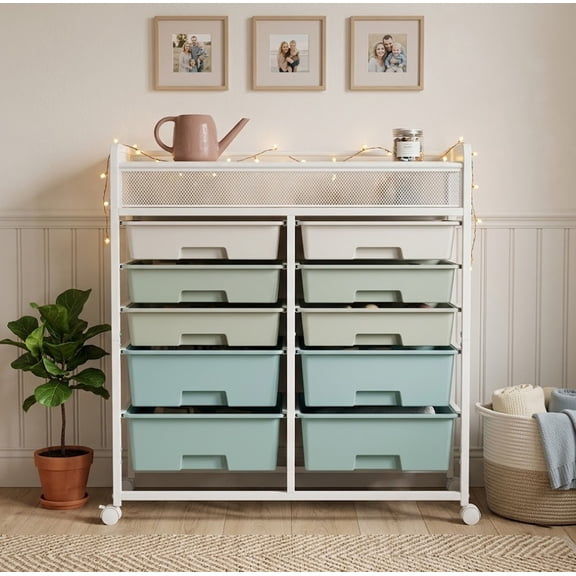 CQSXDA Large Capacity 2-Row White Rolling Storage Cart with Metal Mesh Top and Wheels for Kitchen Bathroom Office Organization