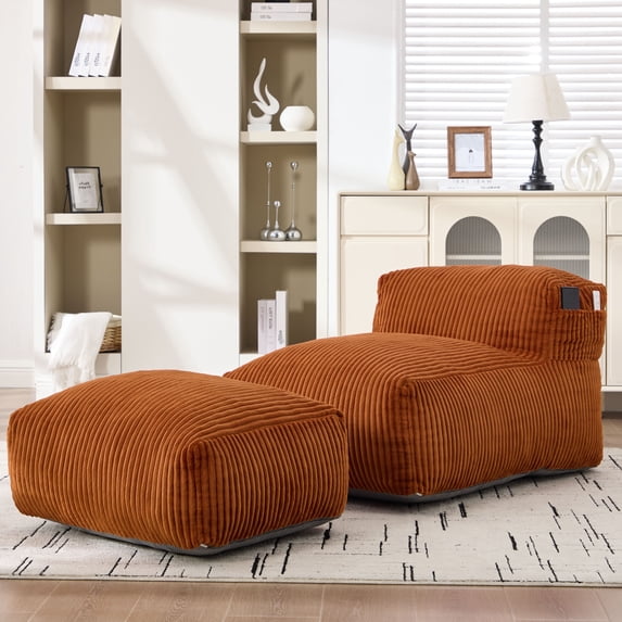 CQSXDA Large Memory Foam Bean Bag Chair Corduroy with Ottoman for Living Room, Bedroom, and Balcony Use, Orange