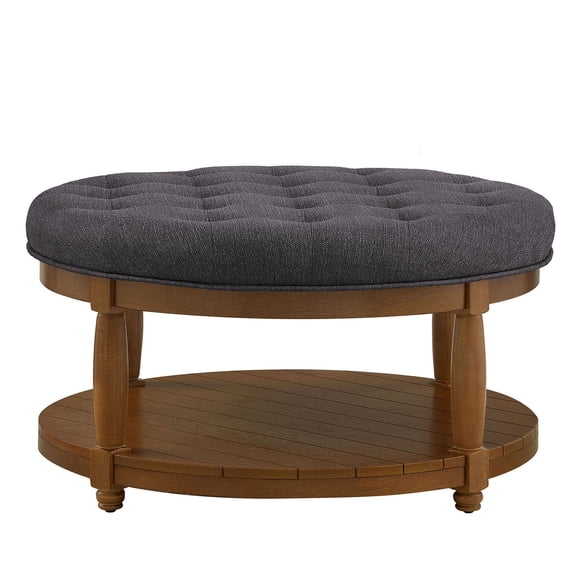 CQSXDA Large Round Upholstered Tufted Linen Wood Shelf Storage Coffee Table, For Living Room, Dark Charcoal