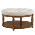 thumbnail image 1 of CQSXDA Large Round Upholstered Tufted Linen Wood Shelf Storage Coffee Table, For Living Room, Ivory, 1 of 7