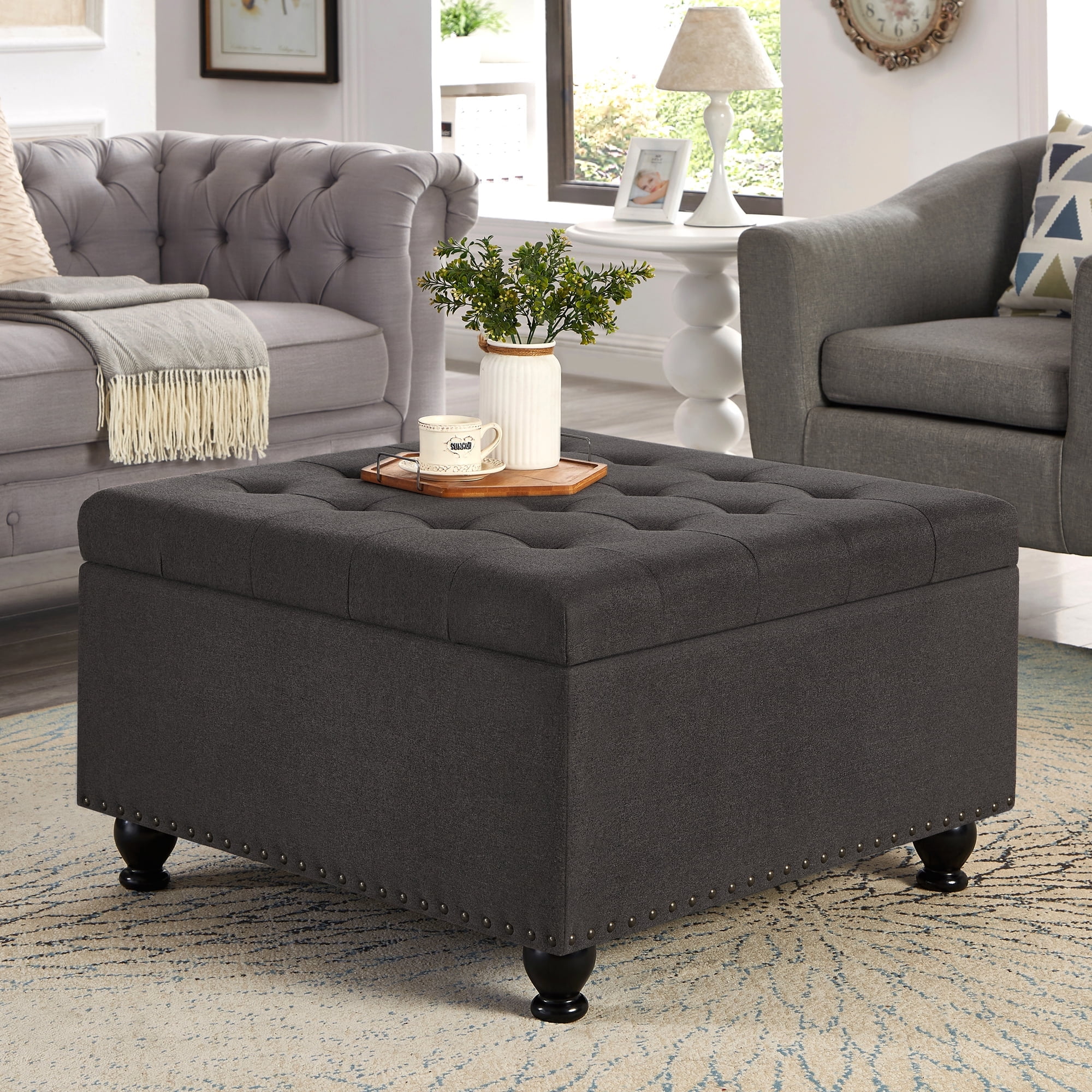 CQSXDA Large Square Storage Ottoman with Wooden Legs, Upholstered Button Tufted Coffee Table with Nail Trims