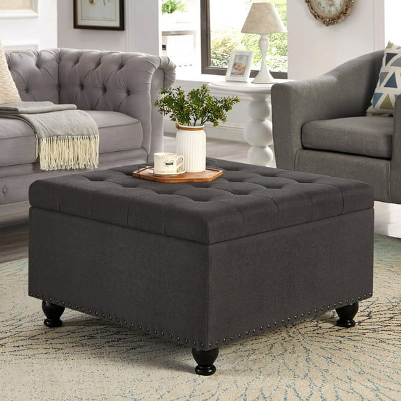 CQSXDA Large Square Storage Ottoman with Wooden Legs, Upholstered Button Tufted Coffee Table with Nail Trims