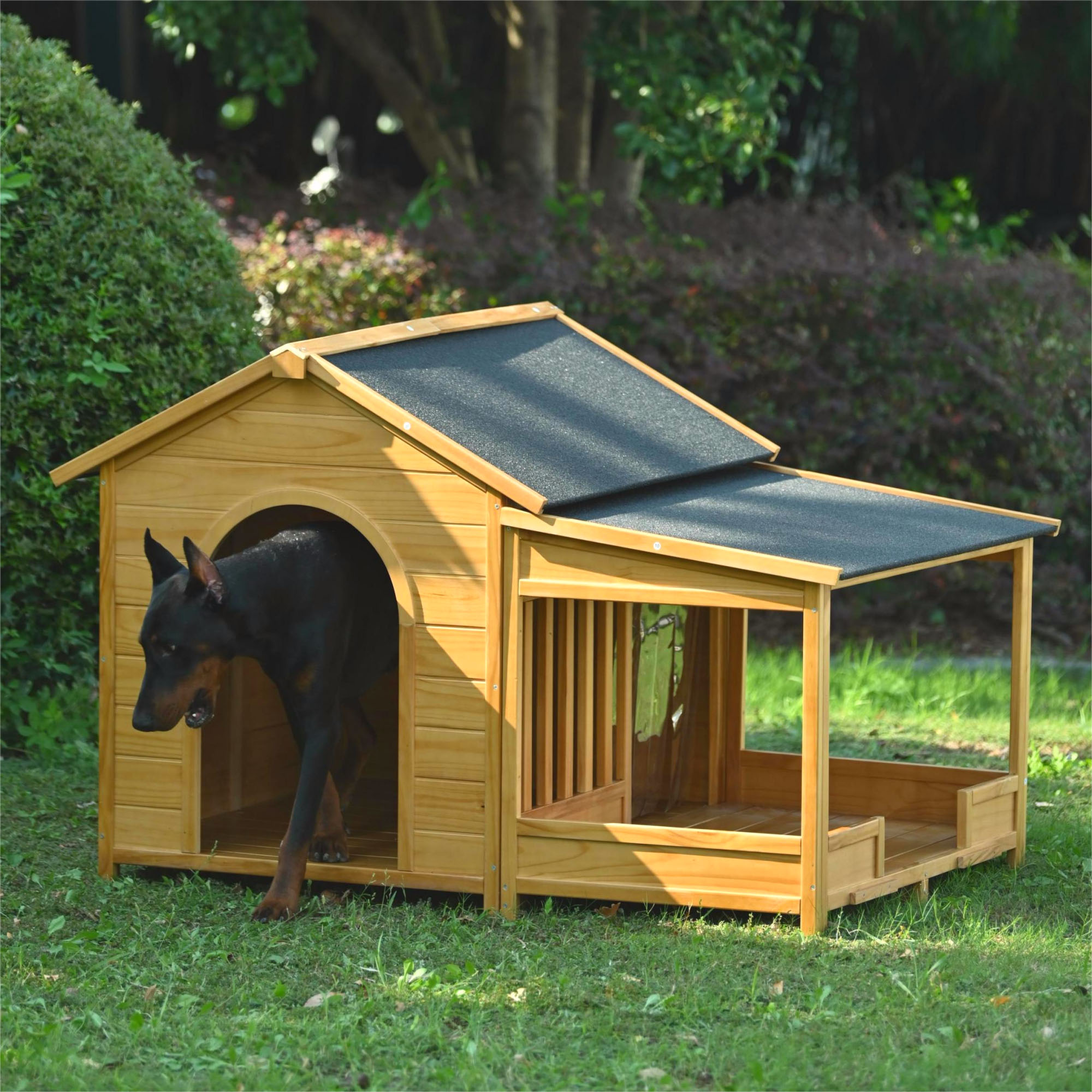 CQSXDA Large Wooden Dog House with Porch in Natural Finish, 60.2 Inch ...