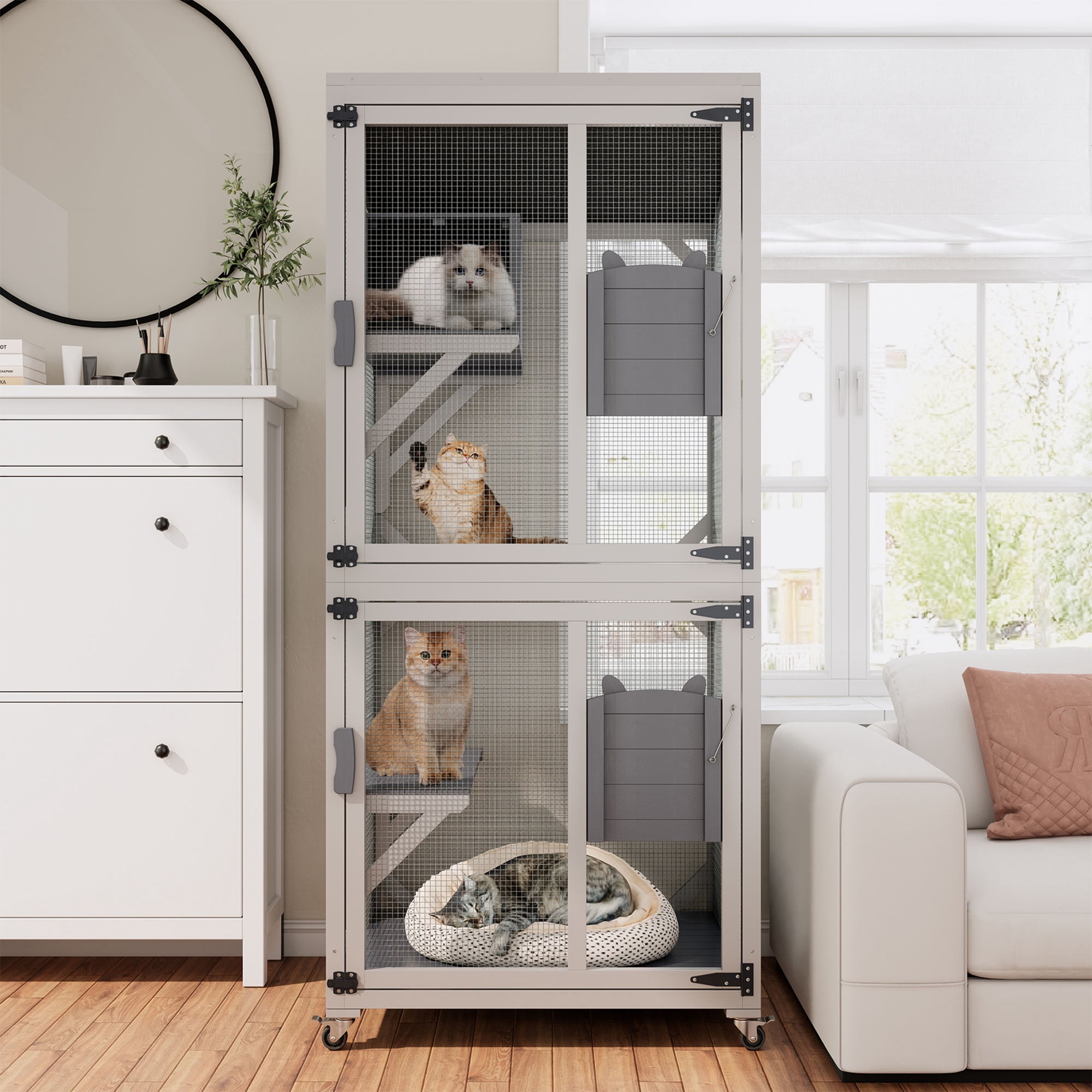 CQSXDA Large Wooden Outdoor Cat Enclosure with Wheels 74.8 Inches Multi-Level Cat House Lockable Doors Removable Tray