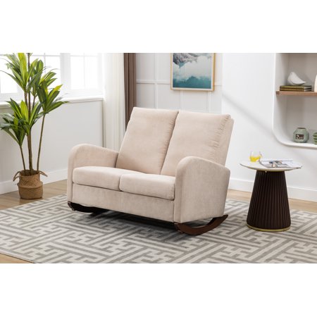 CQSXDA Light Grey Linen Accent Rocking Chair,Oversized Upholstered Nursery Glider Rocker for Baby, Comfy Armchair with Side Pocket, Living Room Lounge Arm Chair Beige