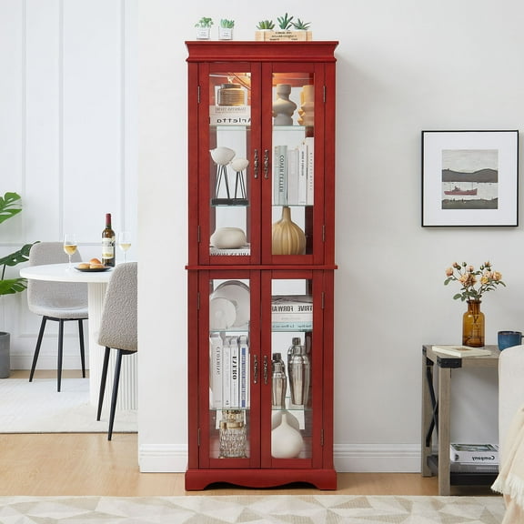 CQSXDA Lighted Glass Curio Display Cabinet With Cherry Finish - Perfect Wooden Storage For Wine, Toys & Collectibles