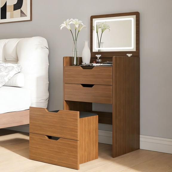CQSXDA Lighted Mirror And Stool Included In 3-in-1 Walnut Vanity Desk, Flip Top Compact Makeup Table For Bedrooms And More