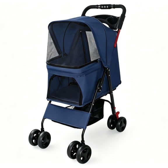 CQSXDA Lightweight Foldable Pet Stroller with Breathable Mesh for Small Dogs and Cats Under 28 Lbs,  Multi-Functional Tray and Storage Basket, 4 Wheel Design, Blue
