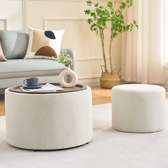 CQSXDA Linen Upholstered Nesting Storage Ottomans of 2 with Wood Tray for Coffee Table and Bench Use, Beige
