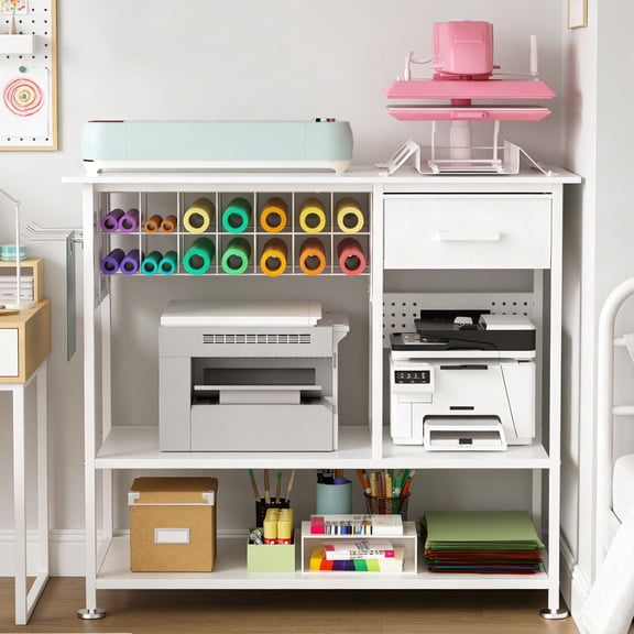 CQSXDA Metal Craft Workstation with Storage Drawer, Rolling Utility Cart with Pegboard for Sublimation Supplies Vinyl Storage Sewing Scrapbooking