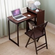 CQSXDA Mid Century Foldable Desk In Walnut Brown With Hidden Storage And Socket Ideal For Small Space Bedrooms