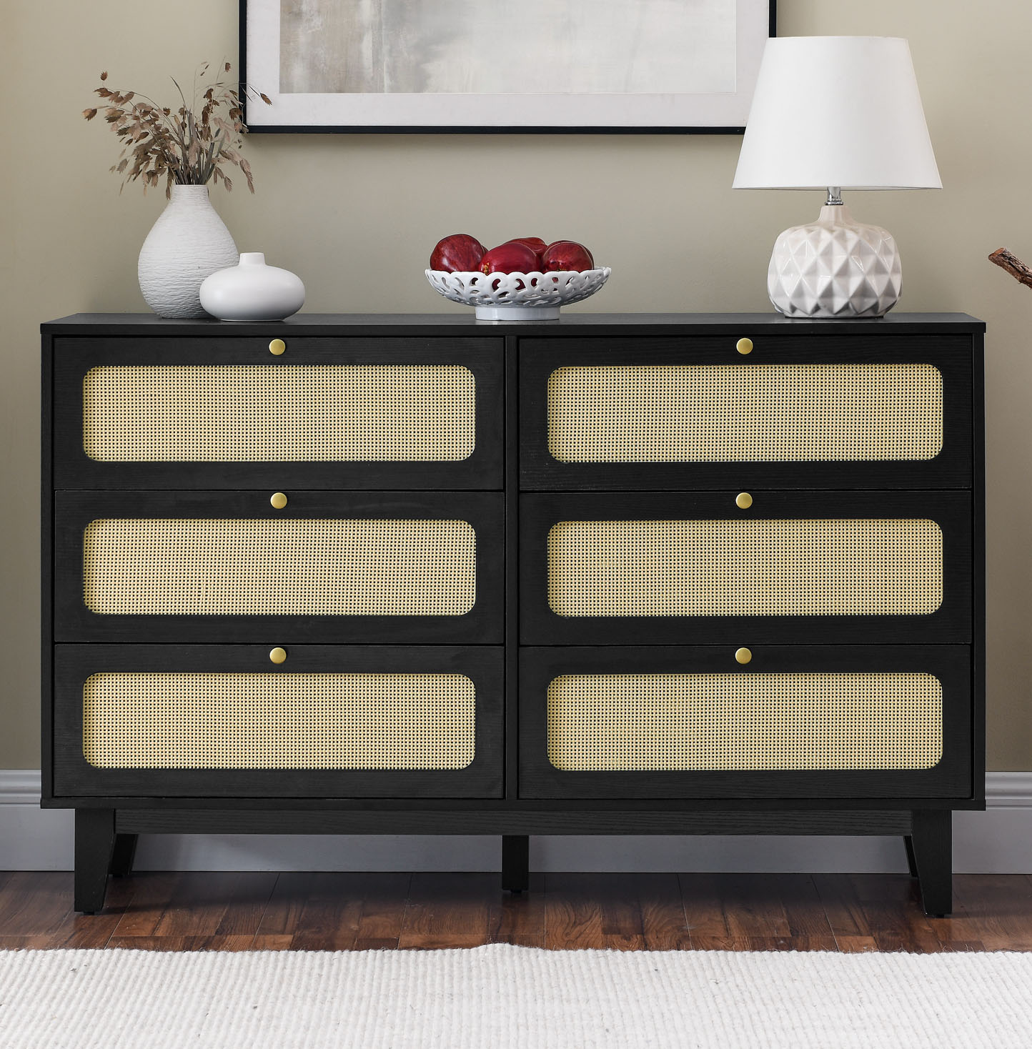 CQSXDA Mid Century Modern Rattan Dresser with 6 Drawers, Drawer Bedroom ...