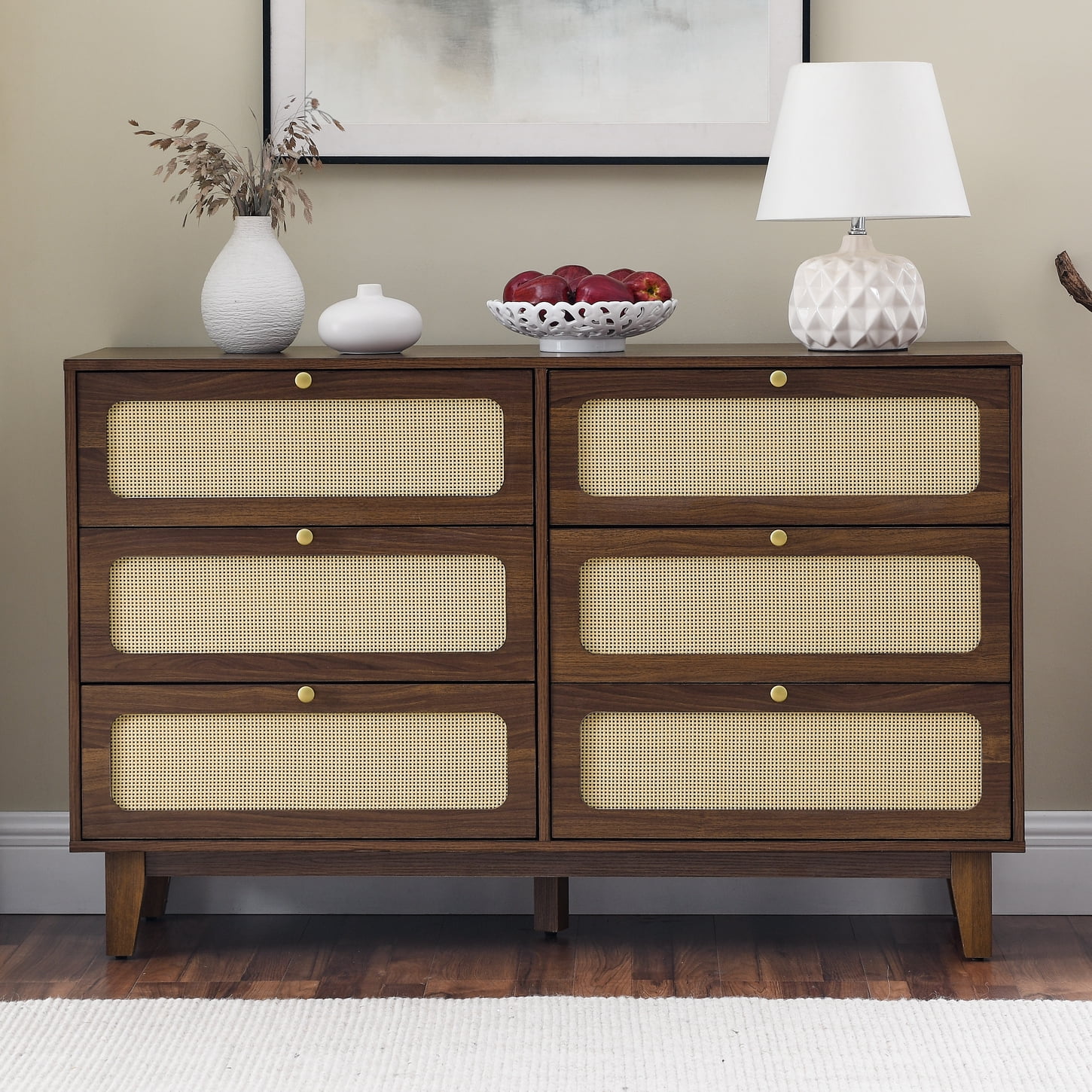 CQSXDA Mid Century Modern Rattan Dresser with 6 Drawers, Drawer Bedroom ...
