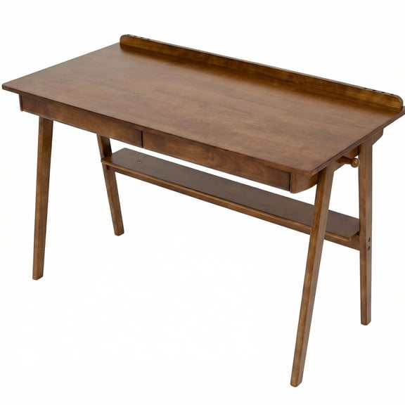 CQSXDA Mid Century Modern Walnut Solid Wood Writing Desk With 2 Drawers, Storage Shelf And Side Hooks For Bedroom Or Office Use