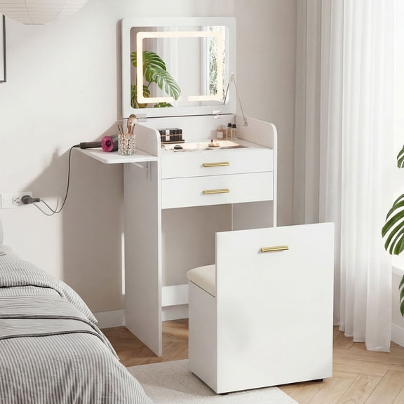 CQSXDA Mini Flip-Top Vanity Table with Integrated Mirror and Stool, Stylish Makeup Storage Set for Small Spaces