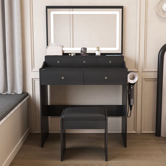 CQSXDA Mirror Vanity Desk in Black Color With 5 Drawers and Adjustable Lighting for Makeup and Hair Drying Needs