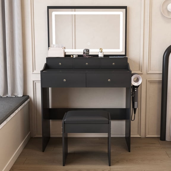 CQSXDA Mirror Vanity Desk in Black Color With 5 Drawers and Adjustable Lighting for Makeup and Hair Drying Needs